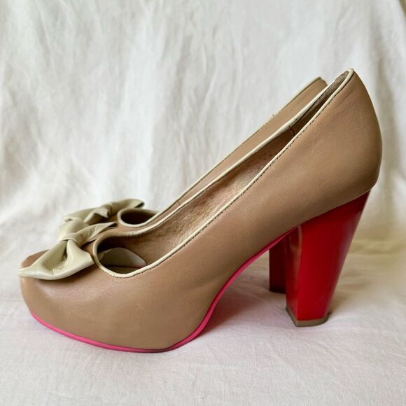 Tan Leather Bow pumps Lola Ramona platform heel women’s 8.5 - Picture 2 of 6
